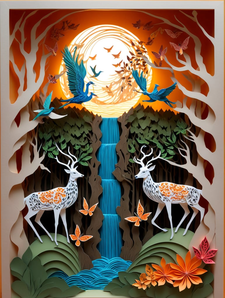 Papercut colorful nature with forest and waterfall with deer, birds of paradise, peacocks and other forest animals