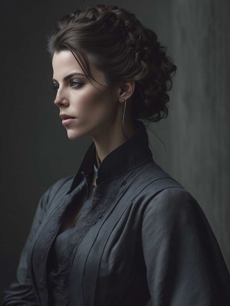 Portrait en buste kate beckinsale in georgian round dress by roberto ferri, by jeremy lipking, realism, abundant detail, muted tones, regency-era, empire silhouette, heavenly beauty