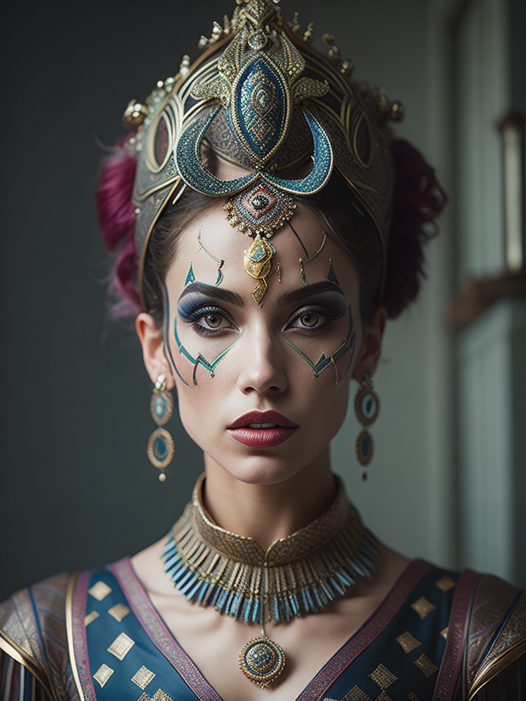 Epic portrait of tvenetian harlequin female clown in pastels and gold intricate embellishments and geometric patterns and designs, high definition, photography, cinematic, detailed character portrait, detailed and intricate environment, strong breeze, nevus under left eye, detailed and intricate environment