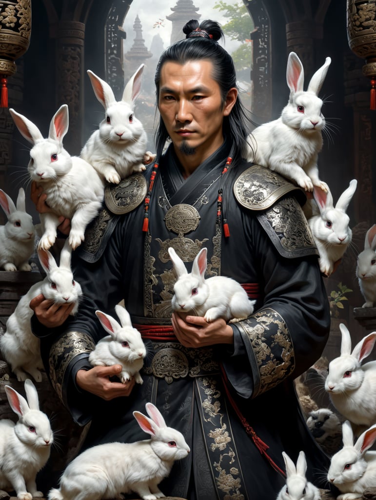 Wei Wuxian segurando coelhos brancos e pretos