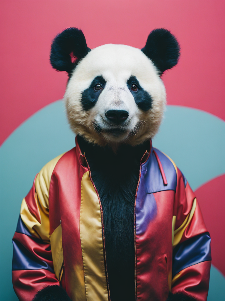 Portrait of a panda dressed in a colorful oversized jacket, Vivid saturated colors, Contrast color, studio photo, professional photo, Rich colors, Detailed image, detailed face