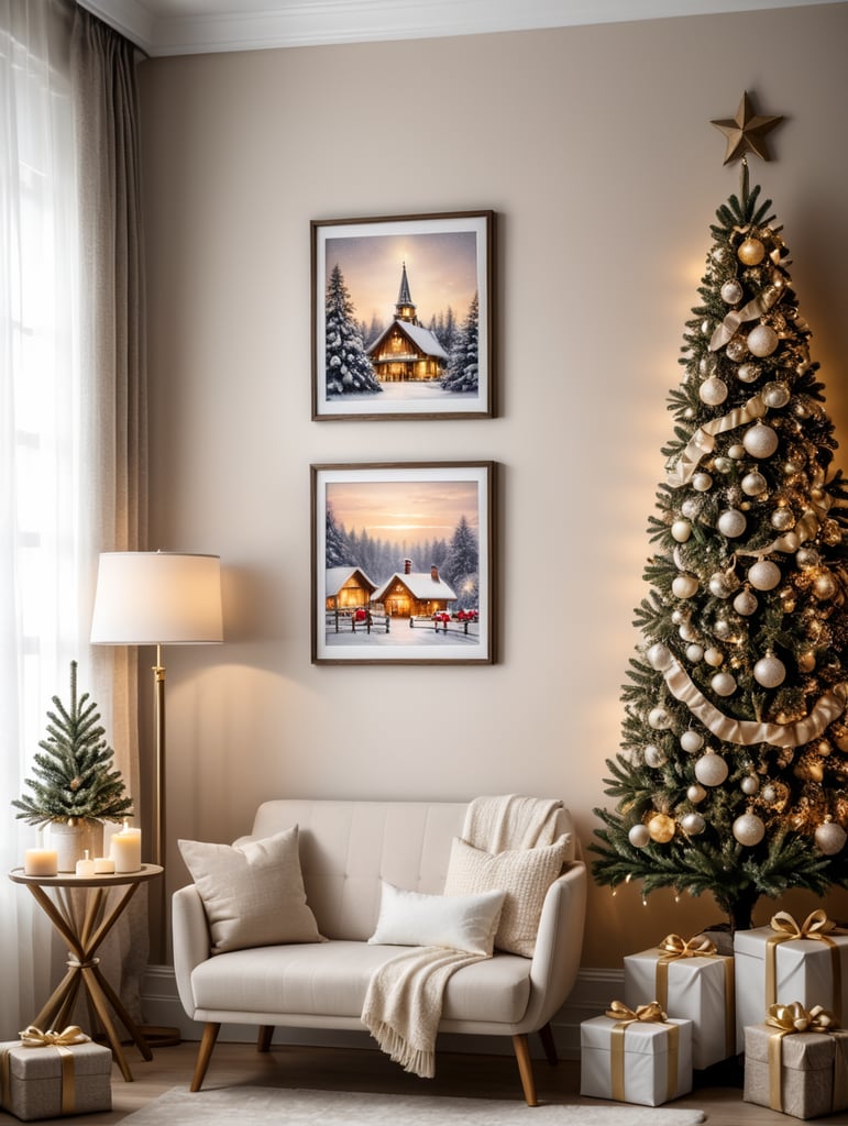 vertical frame wall mockup, nursery with christmas decorations, neutral colors and christmas lights