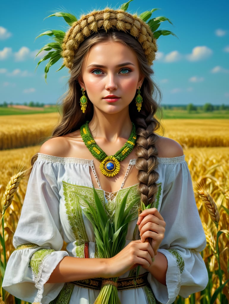 beautiful Ukrainian girl in national dress and a wreath of green rye and ears of corn background of the field