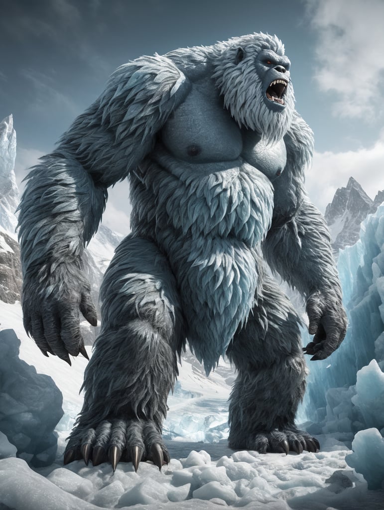 Glacial yeti description the glacial yeti is a towering ice creature that glistens with frost in 8k detail, watch as ice crystals form and shatter realistically as it moves through its frigid habitat