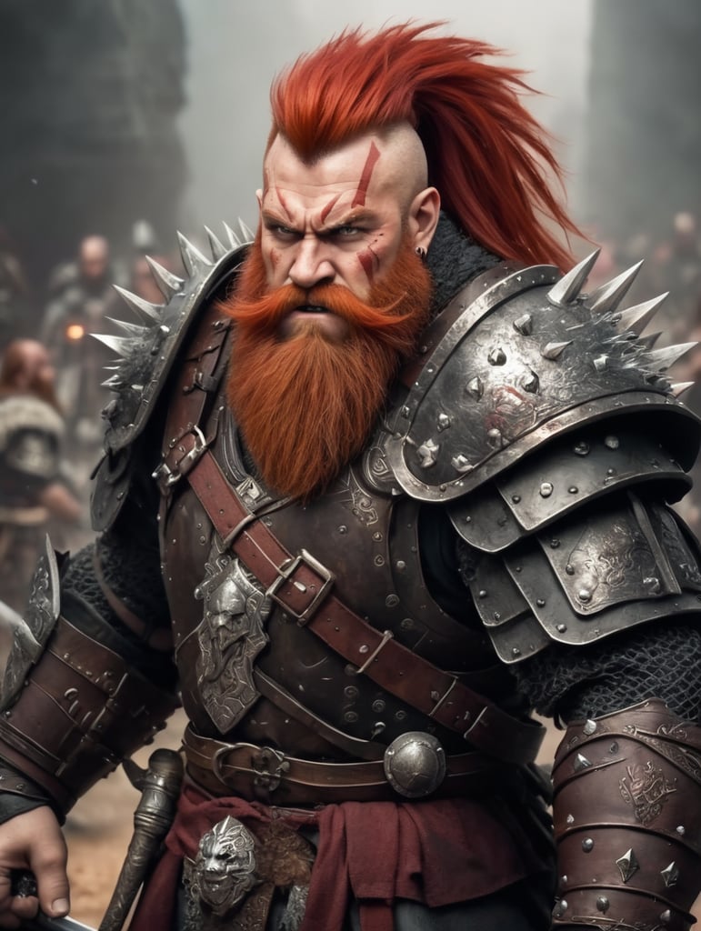 dark fantasy, dwarf barbarian, red hair, tall mohawk, long beard, red beard, spiked armor, angry face