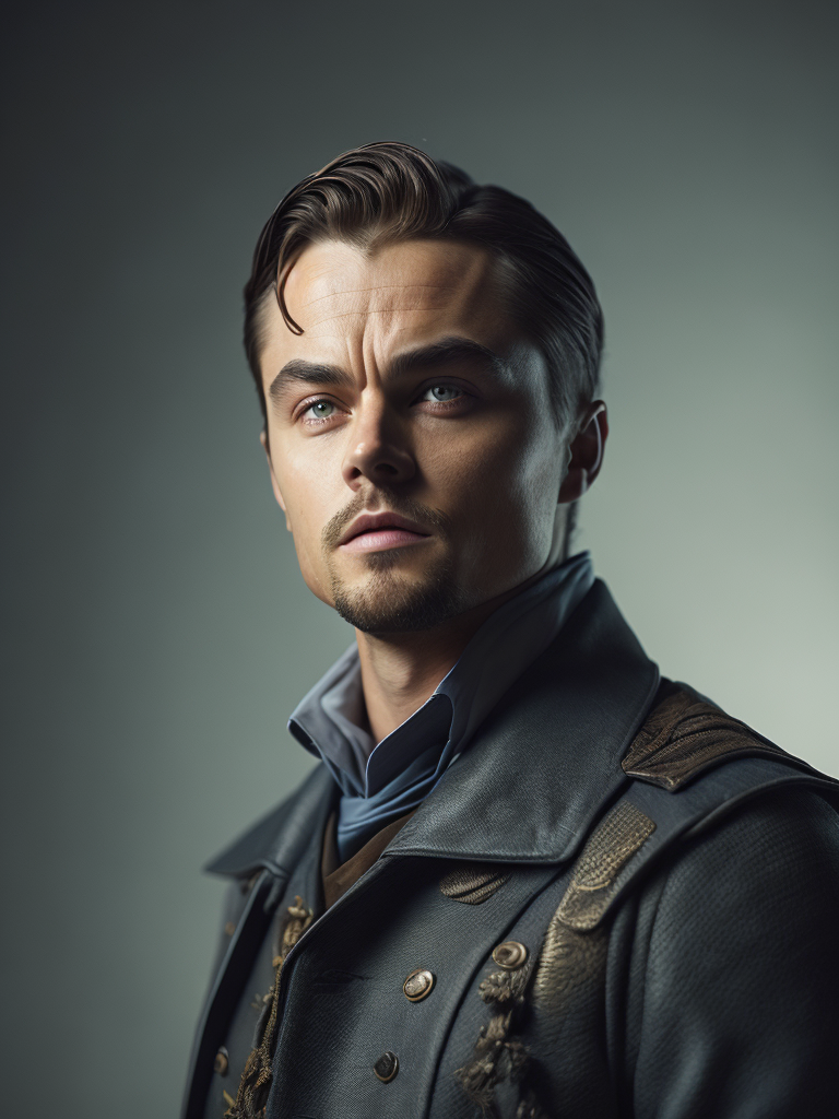 Portrait of Leonardo DiCaprio as a 17th century ship captain, Detailed uniform, Brass buttons, gradient background, contrasting light, detailed face, muted tones