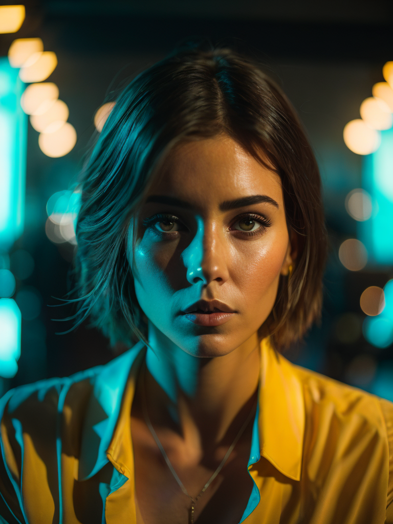 a women looks on the camera, yellow side lighting, focused gaze, canon 50 lens, focus on the face everything else is in blur, the blade runner scene.