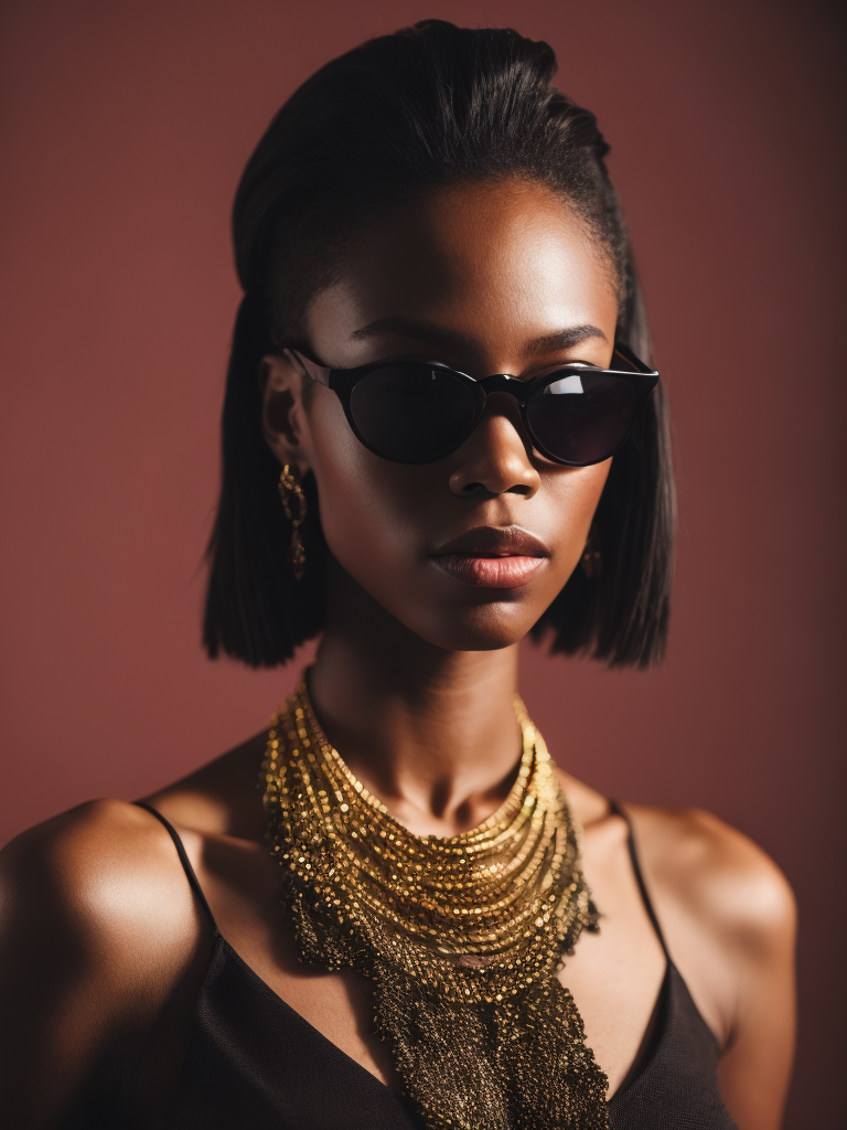 Black female model standing in waist-length black fluid, wearing black fashion dress, red lighting, black sunglasses, thick gold necklace around her neck, short haircut, red-orange background, fashion model, magazine cover, professional shot, magazine photography, bright saturated colors, sharp focus, highly detailed