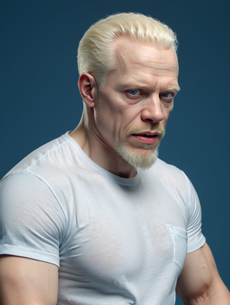 A middle-aged albino man wearing a white T-shirt, isolated, blue background, mockup, mock up