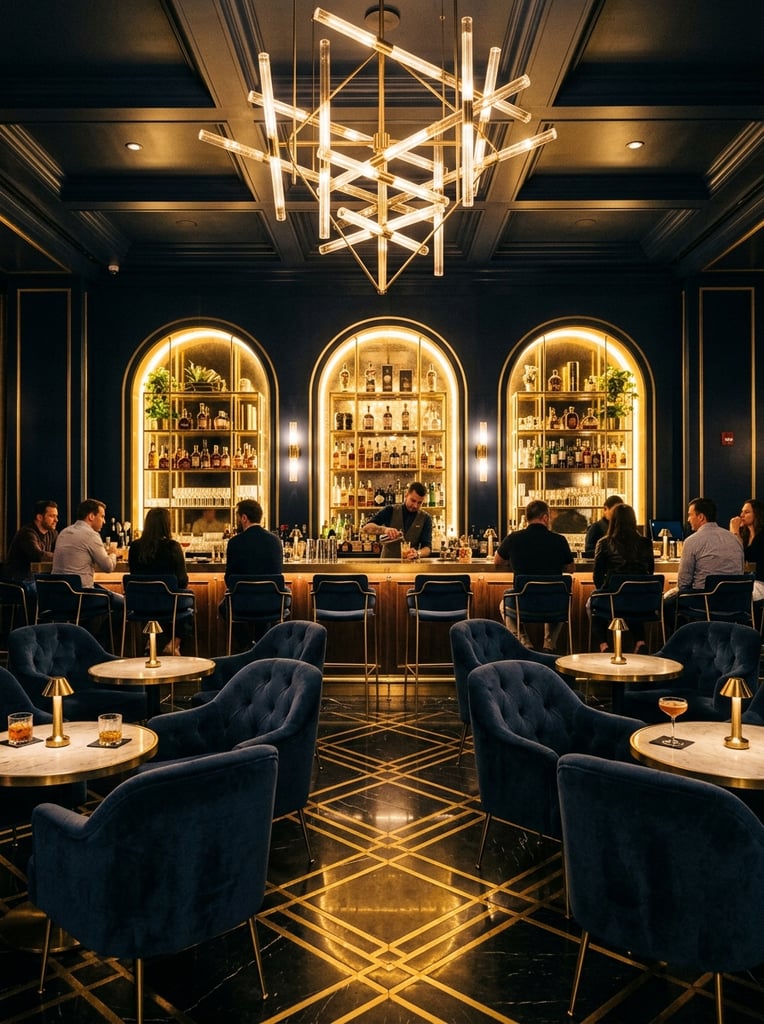 A luxurious cocktail bar interior defined by deep navy tones and high-contrast golden geometric lighting. Plush blue velvet armchairs with thin brass legs surround round marble tables in the foreground. Behind them, a long bar counter with sleek stools faces a dark wall featuring three glowing arched alcoves filled with backlit bottles. A complex chandelier of intersecting illuminated rods hangs from a coffered ceiling, casting warm light onto a striking black floor inlaid with a gold diamond pattern.