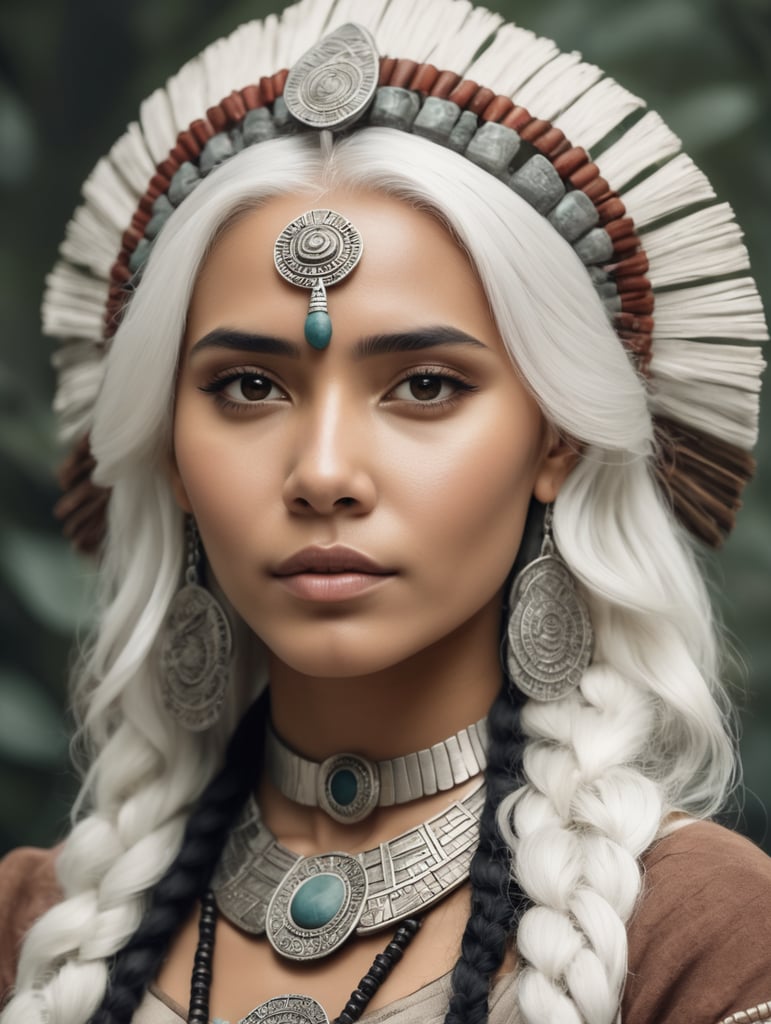 Young beautiful mayan priestess. With White hair.