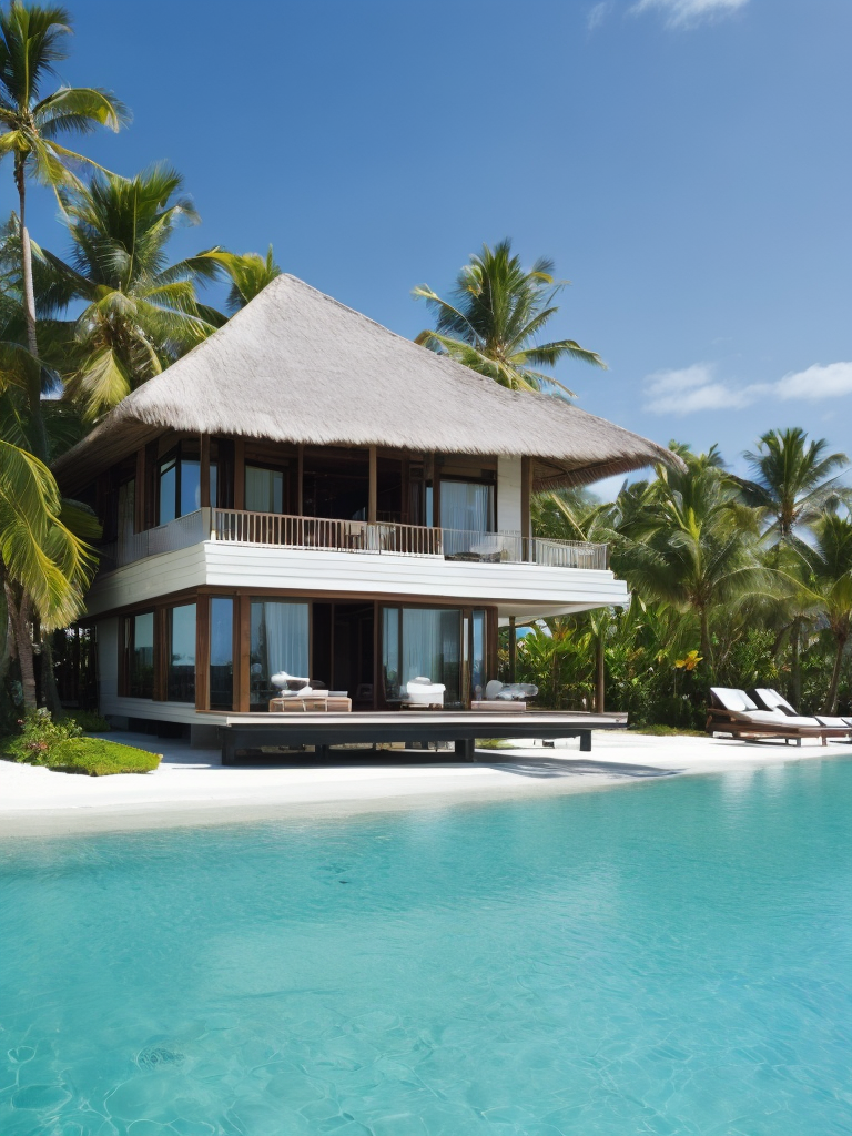 Over water villa in the maledives with the sun shining and some palms, Vibrant and rich colors, blue skies and azure oceans, photorealistic, contrast light, deep colors, Incredibly high detailed