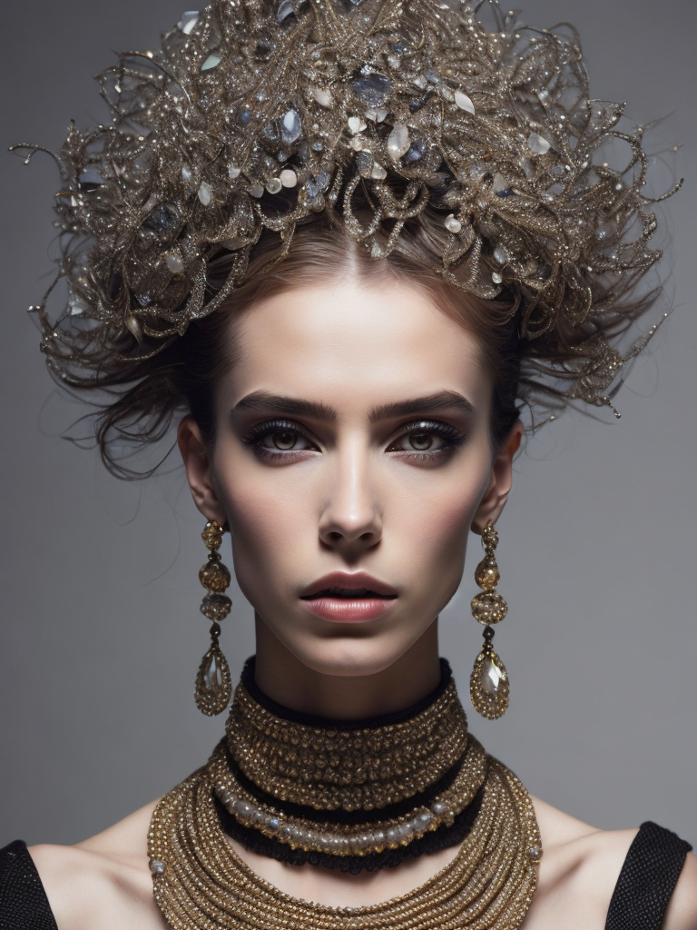 retrofuturistic massive huge jeweled necklace with huge diamonds and jewels on interplanetary interspecies male robot monster, horrific, terrifying, scary, mean. many spirder eyes, huge big jewel encrusted clothing, big pearls, precious gems. The set design is bold geometric patterns photographed by Romina Ressia, film still from wes Anderson, Gucci, Versace, givenchy, medium shot fashion, award winning photography, arty pose, fashion, diaphanous layered ultra haute couture, high definition, high resolution, bold vibrant colors , volumetric lighting, 8k, 3d render