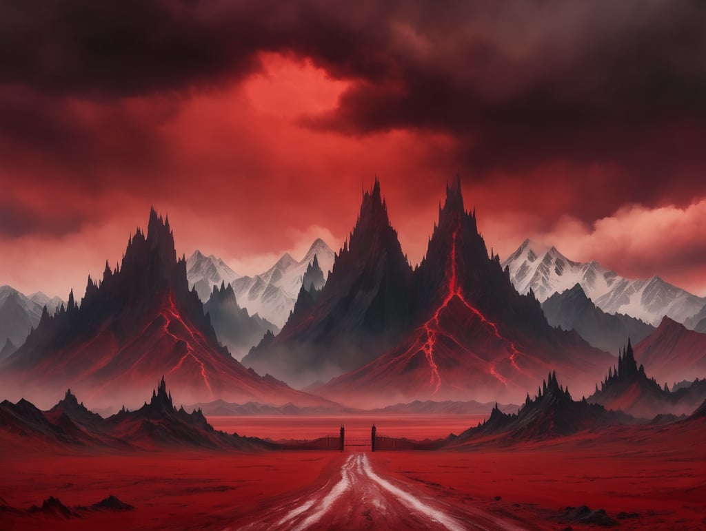 The gates of Hell stand open. Beyond them is a red wasteland, with black jagged mountains rising up to meet a red cloudy sky.