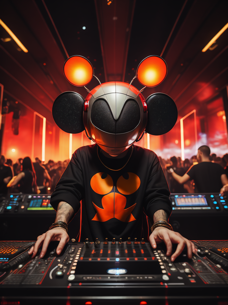 Deadmau5 dj playing in the night club, Red oversize t-shirt and gold chain, hall full of people having fun in the background, ultra realism, super detailed, neon colors
