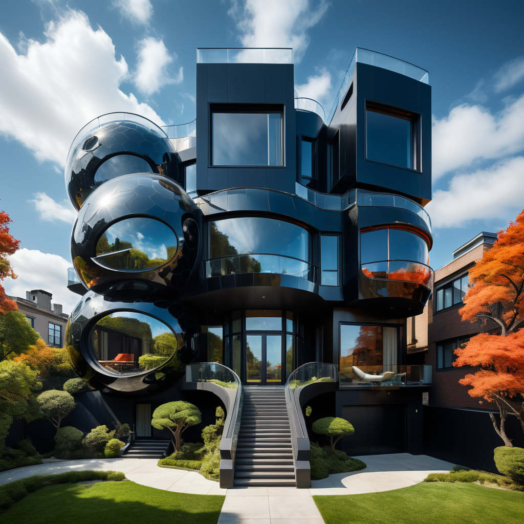 Ai Weiwei and Albert Gleizes style. Wide viewing angle lens architectural photo style, black palette, hyper realistic hyper detailed futuristic neocosmic exterior architecture villa on the form of Fluid and waves geometric lines, Ai Weiwei and Albert Gleizes architecture styles, epic Aliza Razell, day's ambience, sunny day, in new york city 2040s, natural lighting, camera nikon, 8k, --s1000 --style raw, detailerd and intricate, Ai Weiwei and Albert Gleizes.