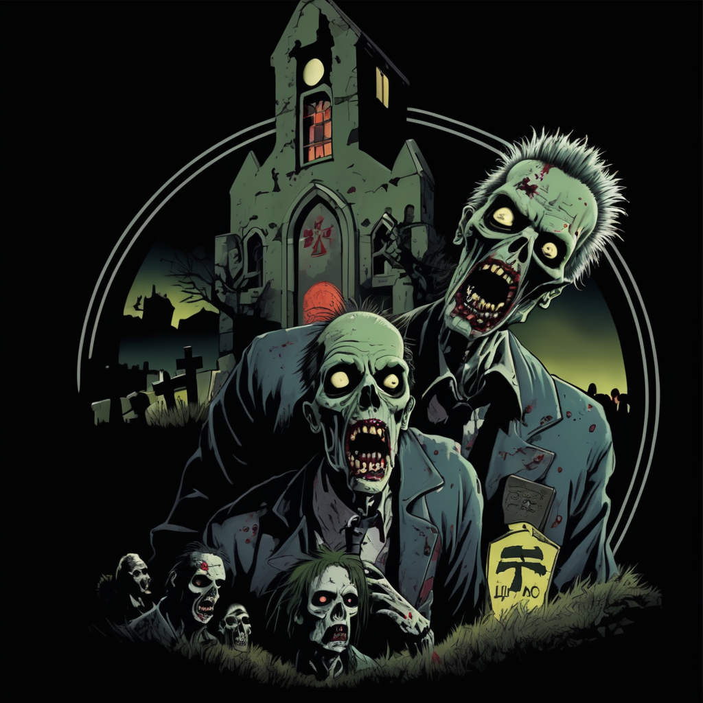 Night of the living, dead punk rock zombies in a graveyard high-quality details, deep focus, professional shot