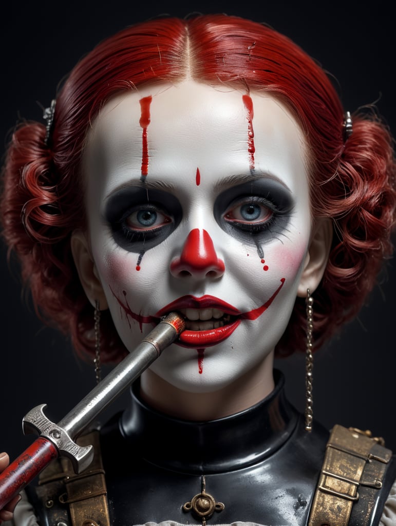 3d gothic porcelain doll as mimes with tears of blood hyper realistic 8k holding a pipe wrench