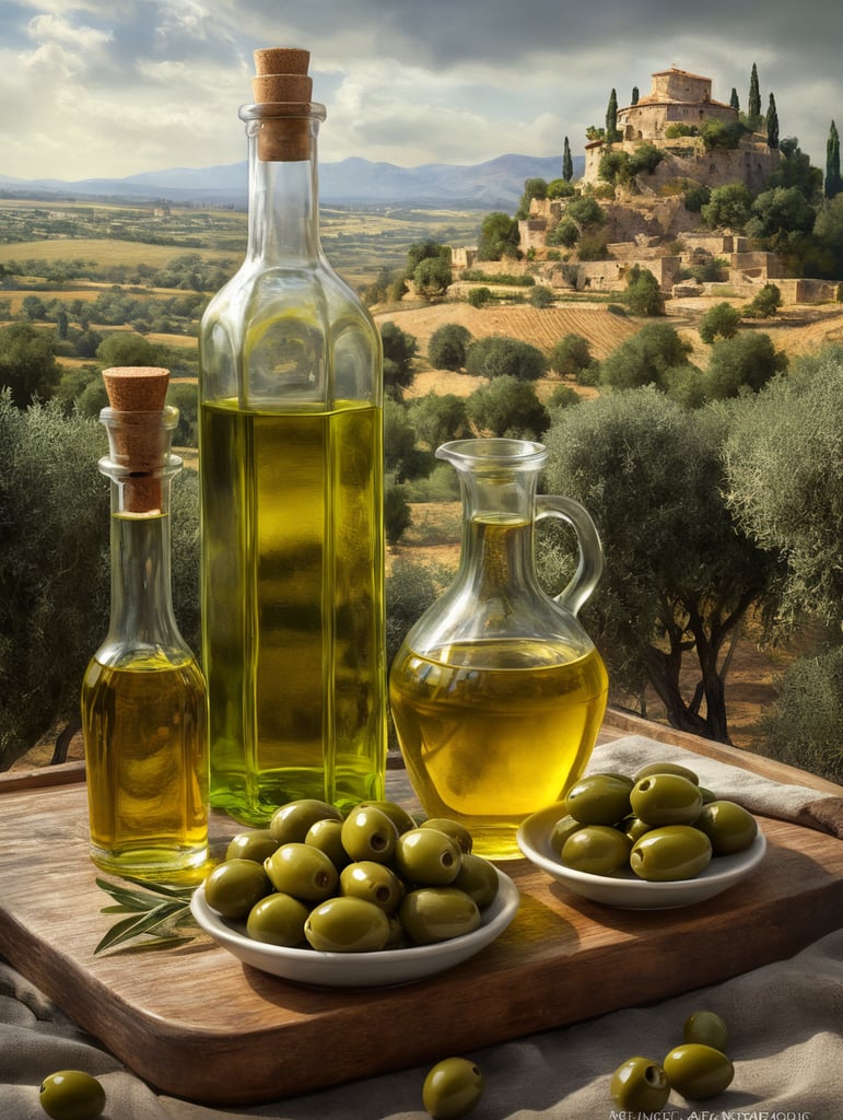 olive oil scene. green olives drizzled with oil and transparent bottles filled with olive oil. The olives should have the right texture, with a backdrop of an olive field with an ancient castle on the horizon.