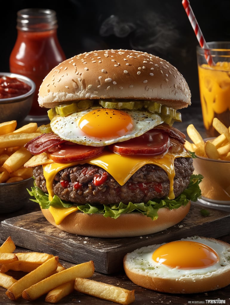 high quality cinematic food explosion hamburger with egg bacon cheese pickles ketchup fries