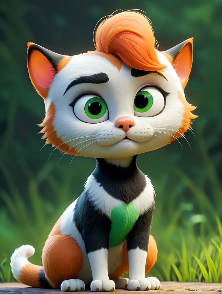 cat, tricolor, with green eyes and a short tail