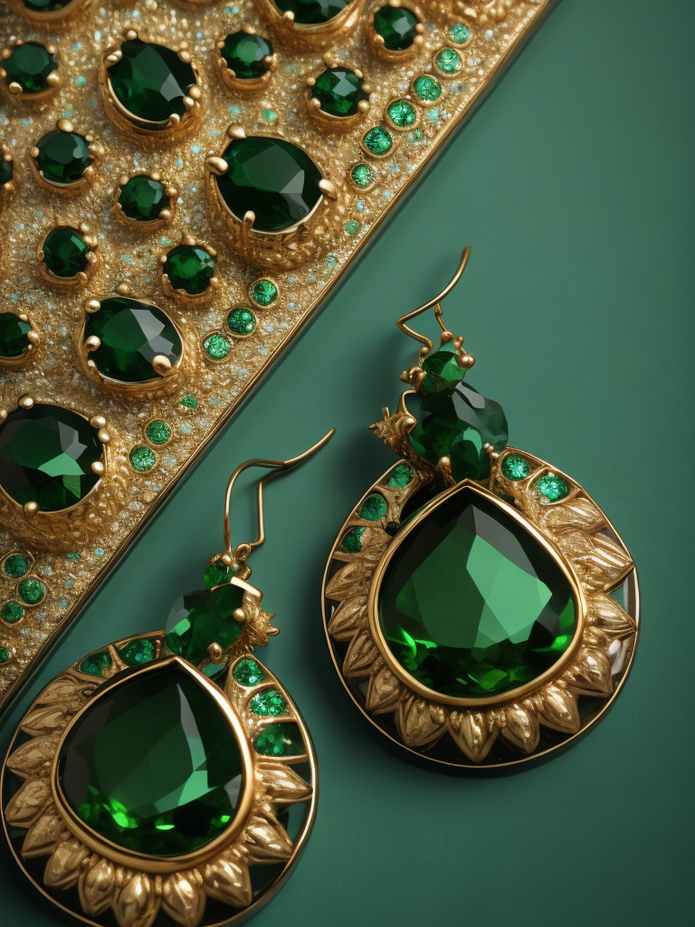 Queen gold jewellery earrings adorned with emeralds, green gradient background, vibrant colors, high detail, contrast light, sharp focus