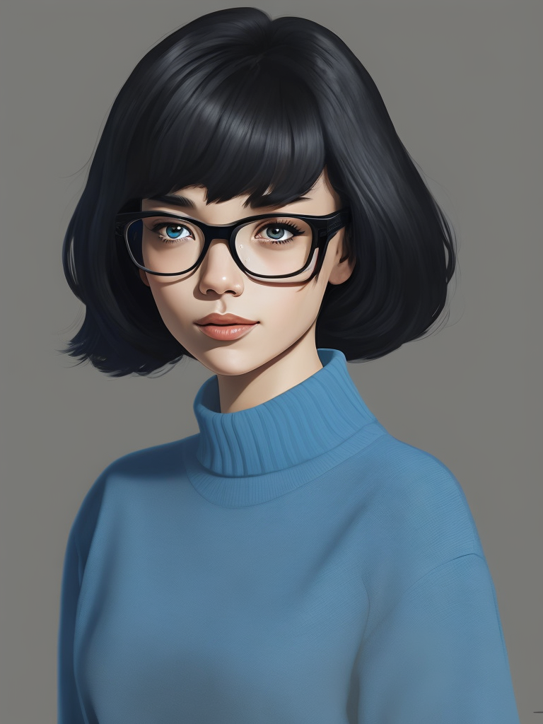 Cute girl in blue sweater black hair black wayfarer glasses by patrick nagel, solid colors