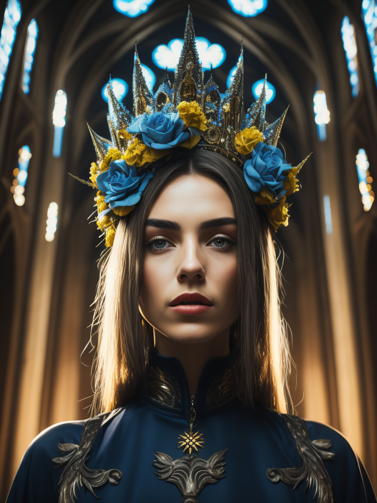 Portrait of a woman with a blue flowers crown, vogue, interior of a tall gothic cathedral, dramatic lighting, incredibly high detail, cyber punk, sun rays, saturated colors, symmetrical, crowd background, full depth of field, neon lights