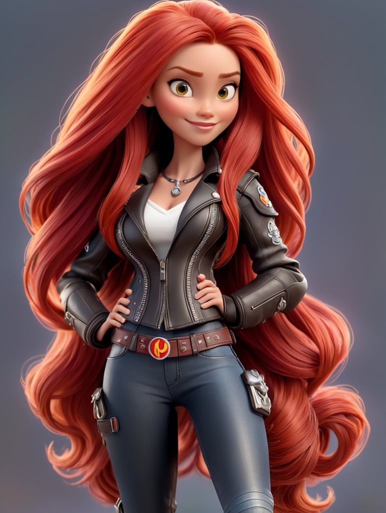 Woman with very long red hair wearing a leather motorcycle vest in 3D Disney Pixar style