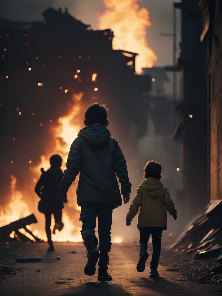 hyper-realistic, ultra-detailed of a scared palestinian kids running from big fire explosions of the house in the background, depth of field, sunlight fractal details, depth of field, HOF, hall of fame, apocalyptic environment, trending on Artstation, 64k, ultra-detailed, ultra-accurate detailed, surrealism, dark, dust, sparks, apocalypse