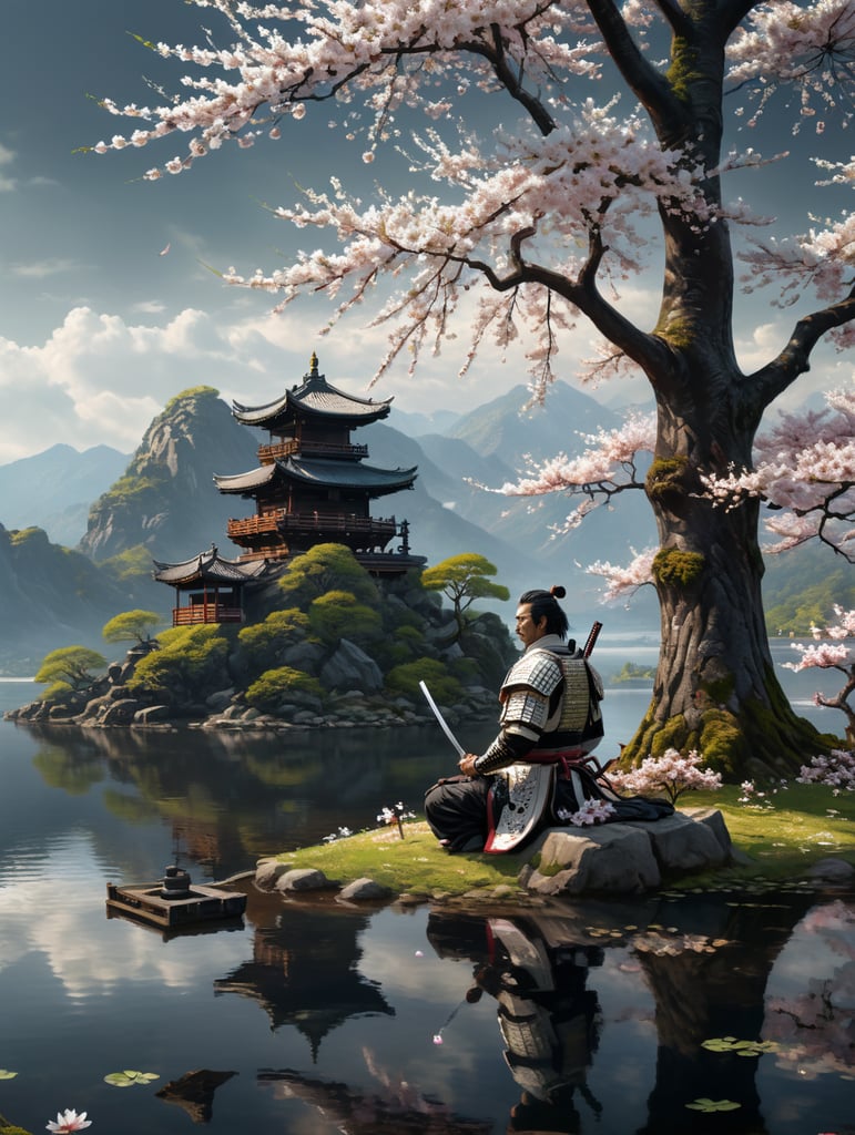 Samurai in white meditating facing the lake next to a blossom tree