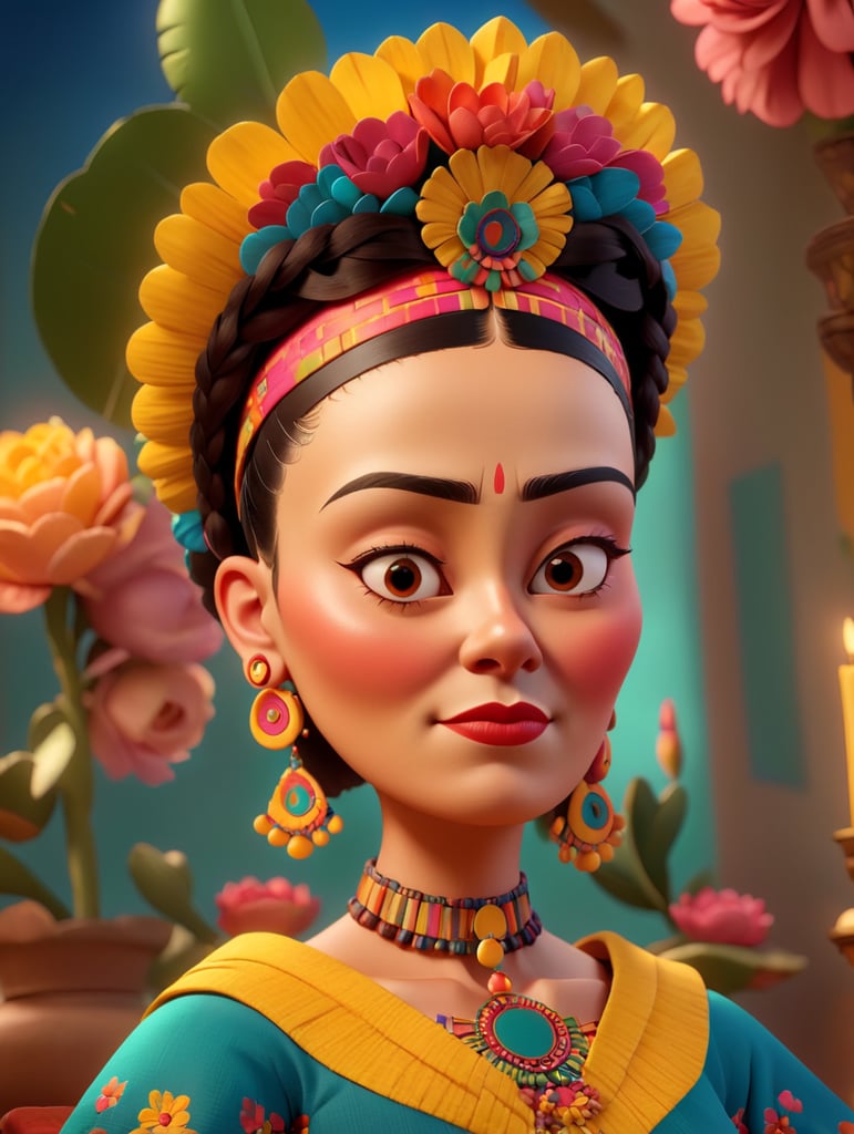 Portrait of Frida Kahlo, bright and saturated colors, elegant, highly detailed, vogue, fashion magazine, sharp focus, bright expressive makeup, dramatic lighting, depth of field, incredibly high detailed, blurred background