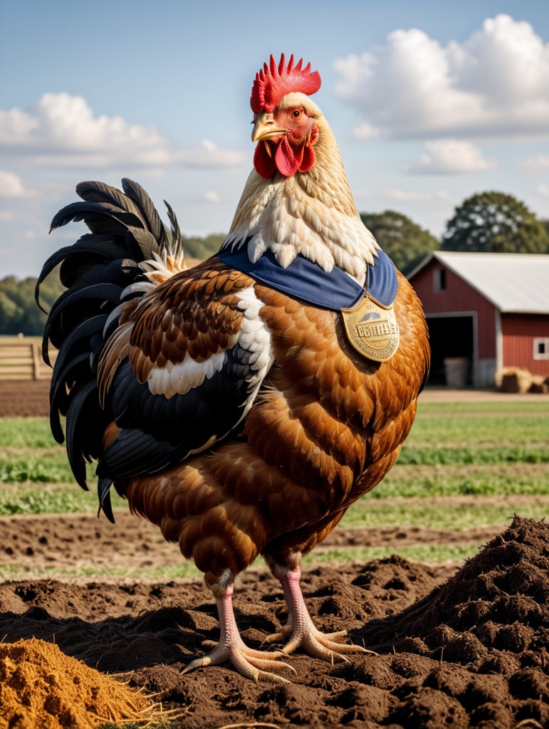 A giant chicken stands on a farm field. The chicken wears a butler uniform and stands behind a pile of dried manure pellets.