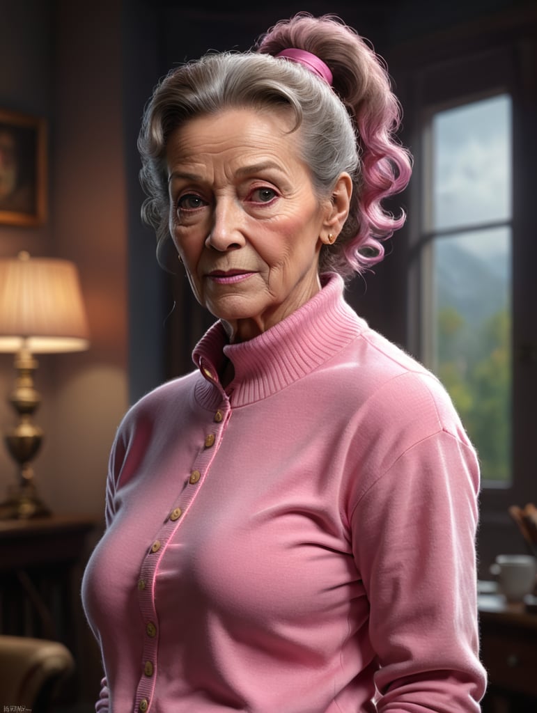 70 years old Geraldine James in a pink sweater, curly brown hair tied in a ponytail.