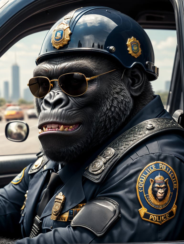 Gorilla police officer, sitting behind the wheel of a police car, close-up shot, sunglasses, clipart, stock photo