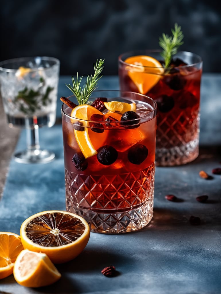 Gin cocktail with dried fruit slices, mood lighting