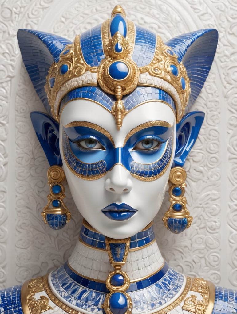 mythology goddess creature with Tutankhamen mask made of azulejo’s white and blue, gothic, gold, Neoclassical, elegant, beauty, antique classical, masterpiece, Canon50, Beautiful Lighting, Sad, highly detailed, detailed facial features, unreal engine, very detailed eyes, symmetrical eyes, mythology