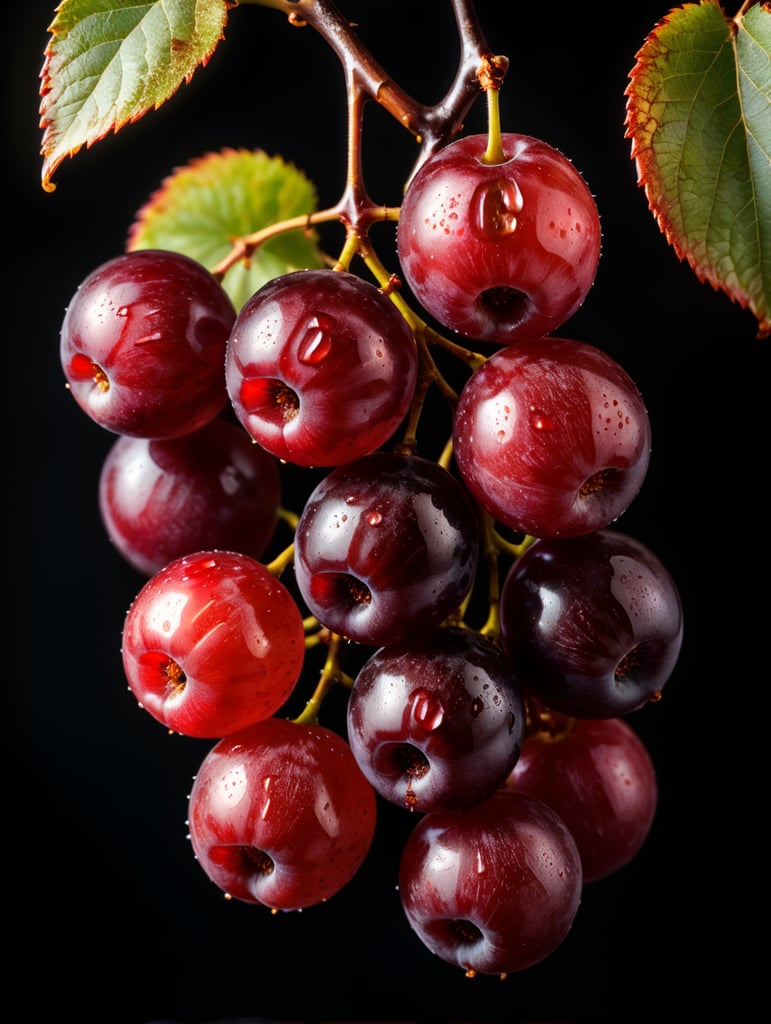 hanging bunch of red grapes half covered in melted chocolate. black background, dramatic lighting