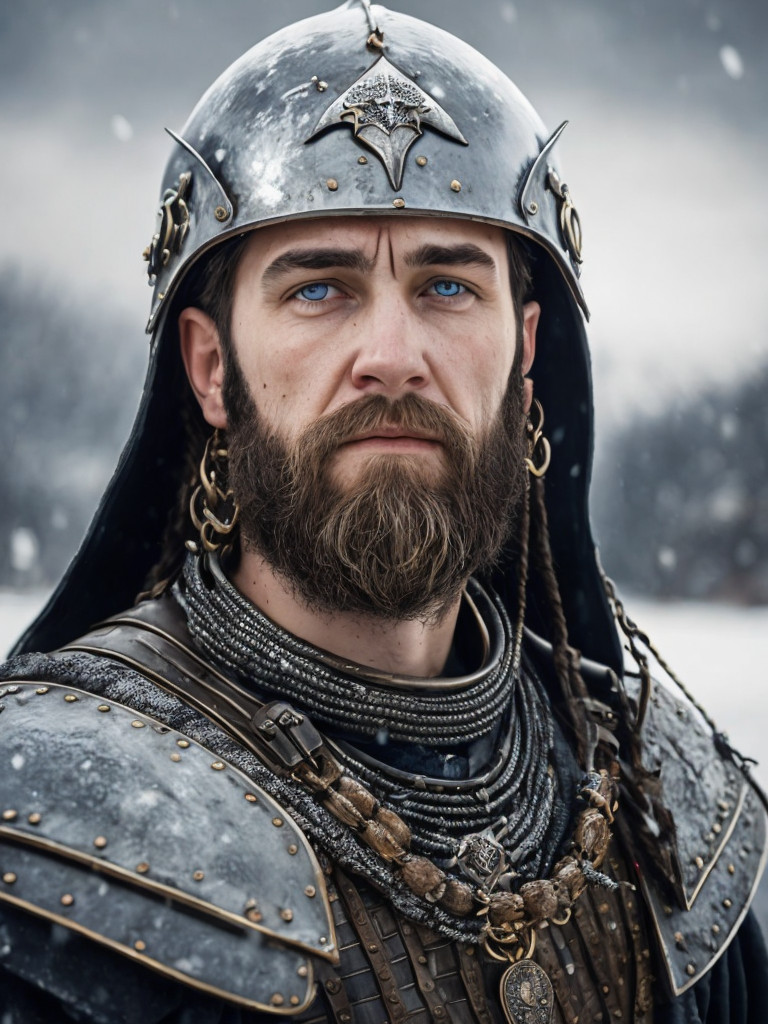 Portrait of a medieval Slavic warrior with a beard, wearing a helmet and chain mail, gray-blue eyes, a face stained with blood, against the backdrop of a winter landscape