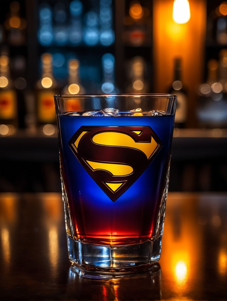 colors of superman, put the logo in glass, Drink Snifter Glass in a darkness bar, cinematic lighting, product shot, 4:3, 4k