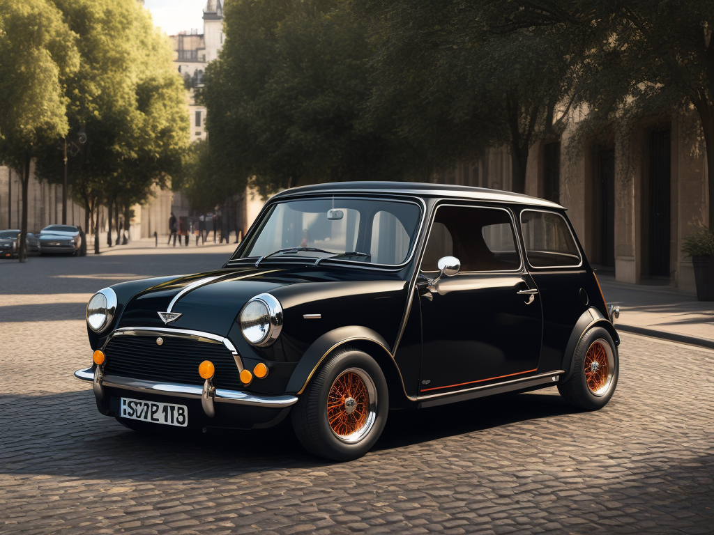 A black austin mini from 1970, with a lot of details, on paris