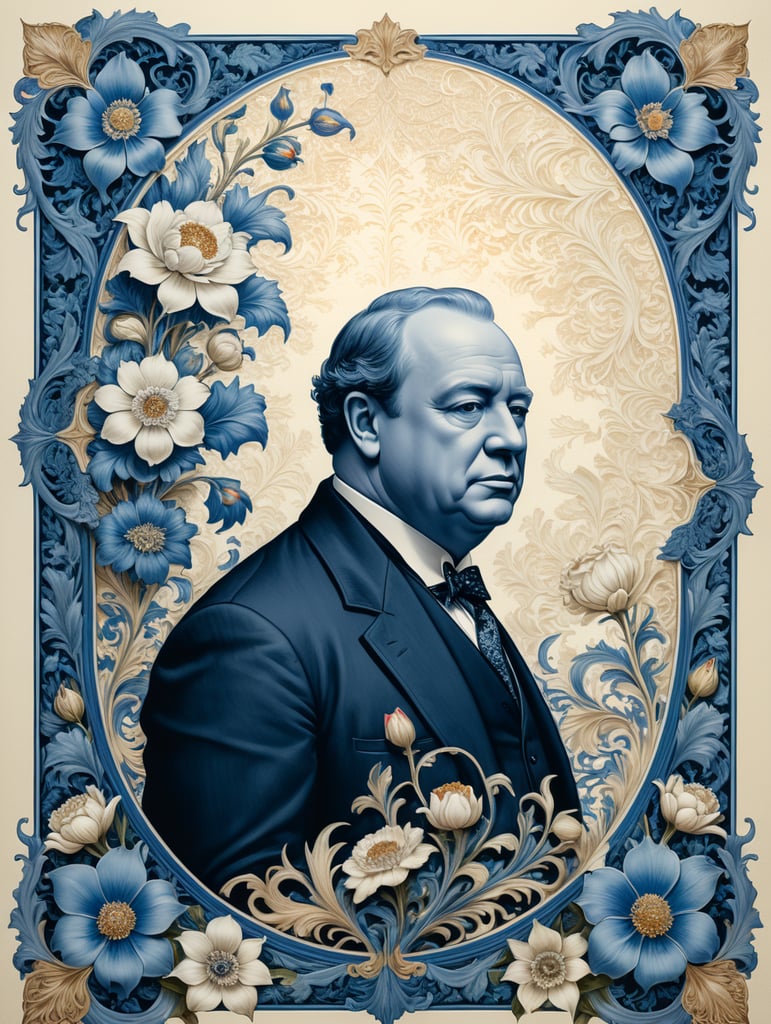 Two-tone blue ink on cream letterpress with Churchill and floral flamboyant frame design, blank space in center for text, in the style of William Morris