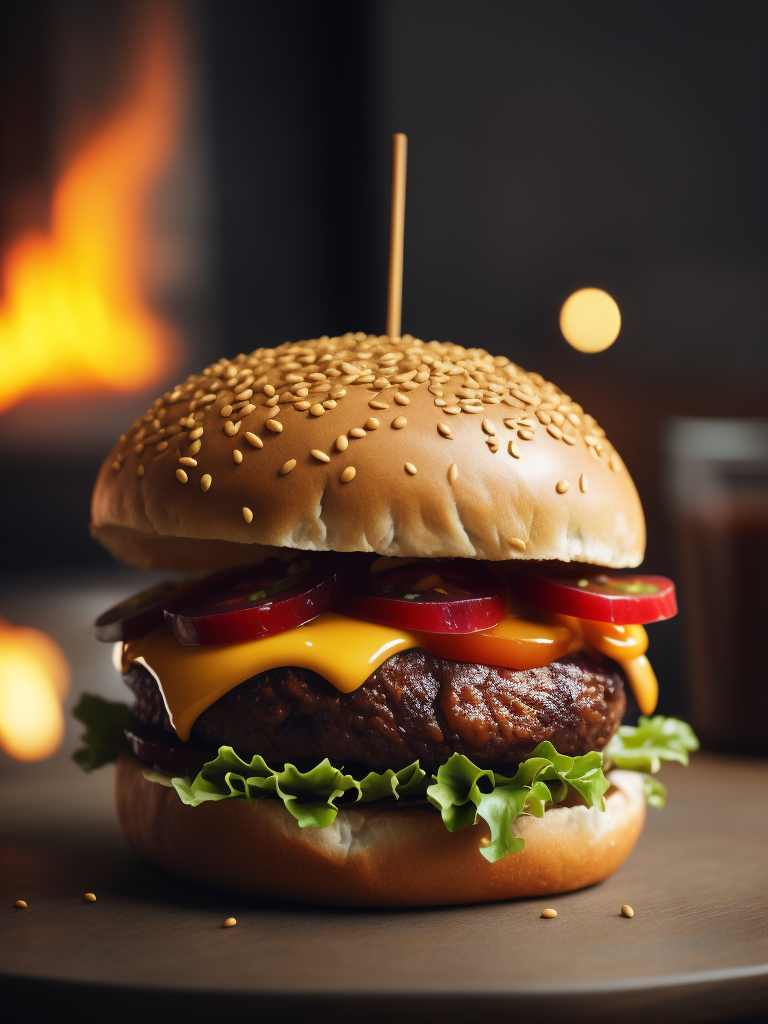 a burger, Cinematic, Editorial Photography, Photography, Shot on 70mm lens, Depth of Field, Bokeh, DOF, Tilt Blur, Shutter Speed 1 1000, F 22, White Balance, 32k, Super-Resolution