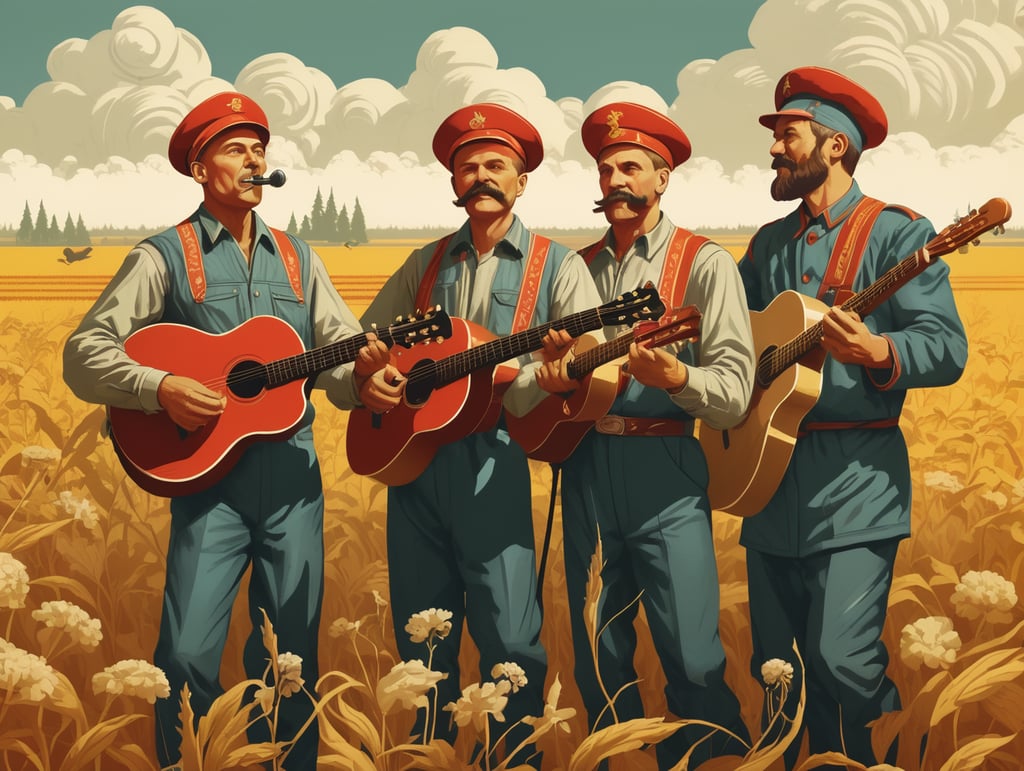 drawing of soviet landscape, large what fields filled with musicians instead of farmers in propaganda style