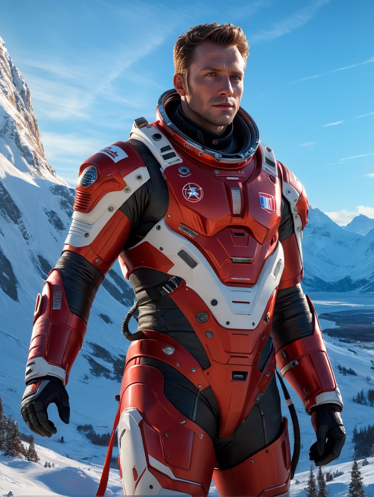 Shay Patrick Cormac in a red and white space suit without a helmet against a Nordic winter landscape.