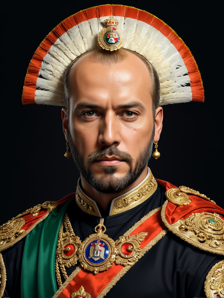 Pintura a óleo de um homem de 34 anos vestido como imperador do México ele tem a faixa Imperial e as insígnias imperiais ele é loiro e tem um pouco de calvície Seus olhos são azuis sua barba é loira grande e espessa Ele é bonito a foto é do corpo da cintura para cima retrato super detalhado em altíssima qualidade