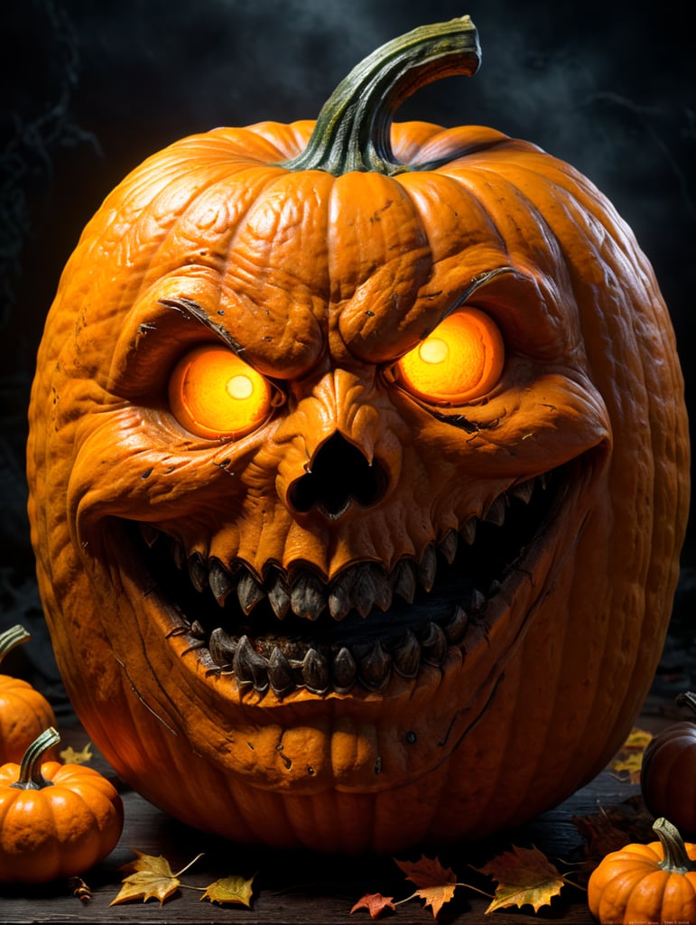 Halloween pumpkin photorealistic illustration, scary, dark