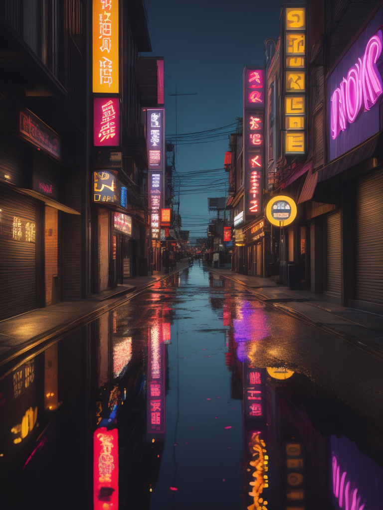 Little Tokyo street at night in neon light, neon advertising, purple-pink-blue tones, puddles on the road, incredible details, sharp focus