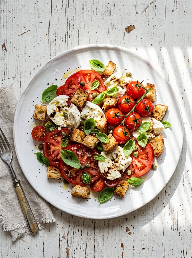 A top-down food photography shot of a vibrant salad on a large round white plate over a textured white surface. The rustic dish features thick red tomato slices, glossy cherry tomatoes on the vine, torn chunks of fresh white mozzarella, irregular pieces of toasted bread, and scattered green basil leaves. High-contrast natural sunlight casts distinct, parallel linear shadows across the arrangement. The bright, high-key lighting emphasizes the rich red, white, and green color palette.