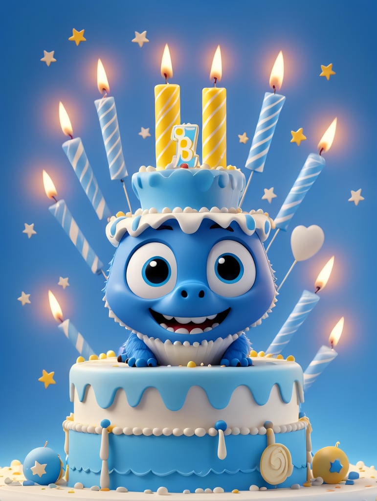 blue fly holds a birthday cake with 14 candles